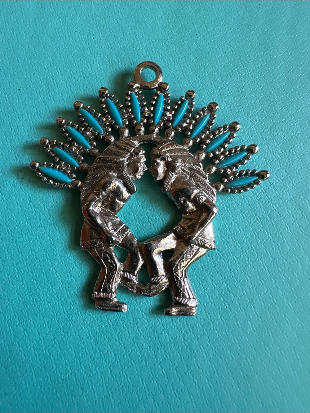 Vintage Faux Turquoise Dancing Native Indian Chief Pendant